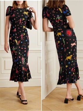Rhode Lulani RARE Midi Dress Zodiac Print Crepe Statement Size 4 NWT